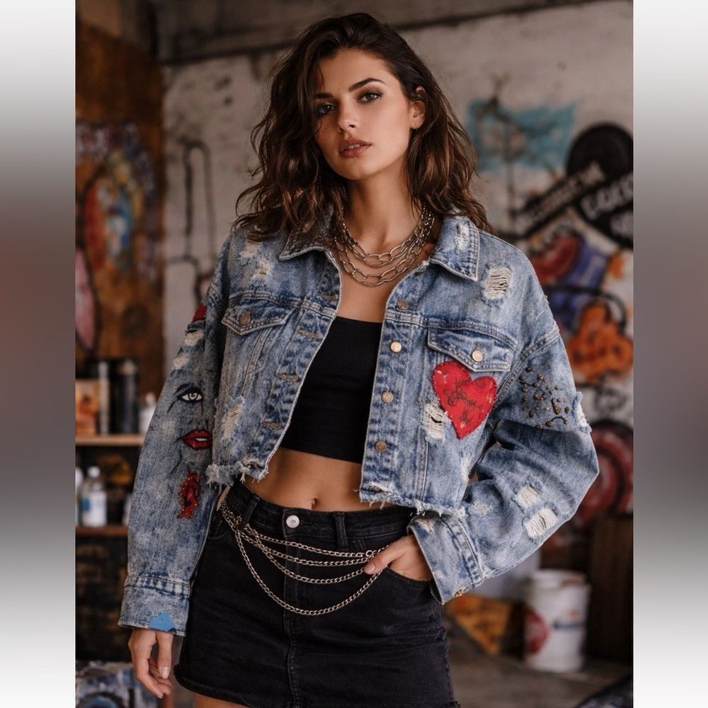 PQUCE One of a Kind Hand Painted Studded Acid Wash Denim Jacket Size M - Picture 2 of 9